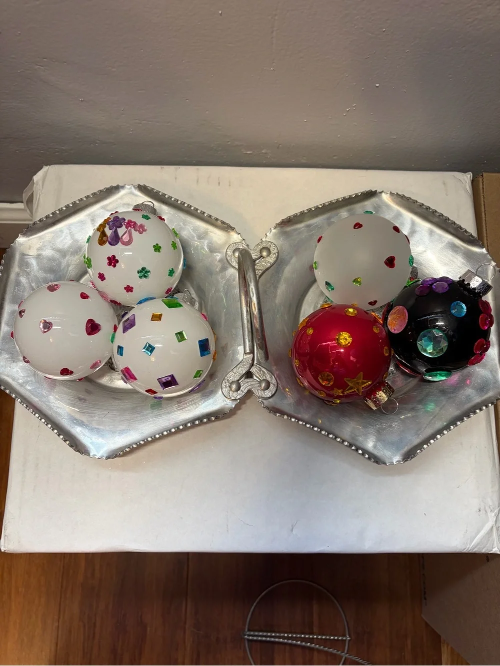 Lot of 6 Handmade Glass Christmas Ornaments Rhinestone Sticker Decor OOAK 3”